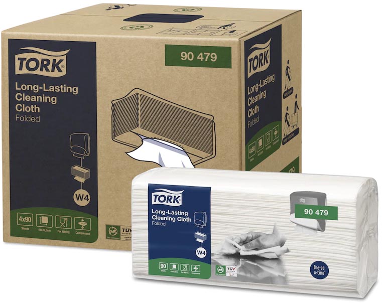 Tork Long Lasting poetspapier, gevouwen, W4, 90 vellen, pak van 4 stuks Tork Long Lasting poetspapier, gevouwen, W4, 90 vellen, pak van 4 stuks