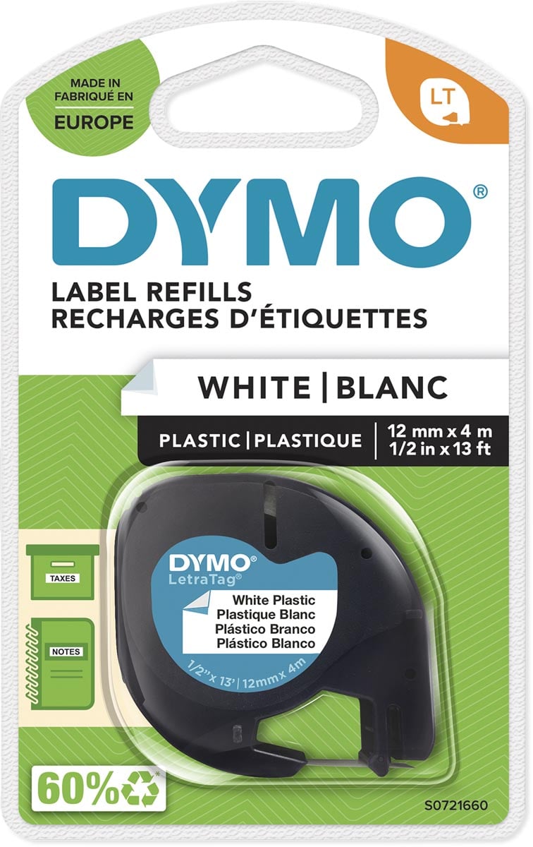 Dymo LetraTAG tape 12 mm, plastic wit afbeelding