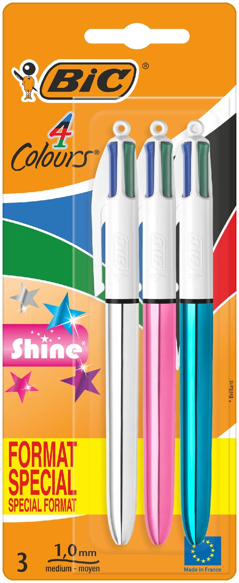 Bic Colours Shine 4-kleurenbalpen, medium, klassieke inktkleuren, blister van 3 stuks afbeelding