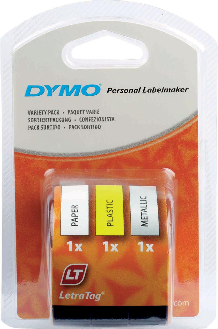 Dymo LetraTAG tape 12 mm, set 3 tape 1 x papier wit, 1 x plastic geel en 1 x metallic zilver