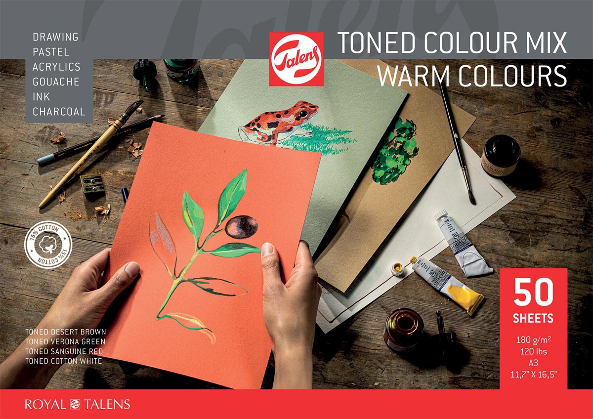 Talens gekleurd tekenpapier, 180 g, ft 29,7 x 42 cm, A3, geassorteerde warme kleuren, blok van 50 vel