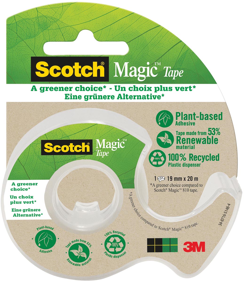 Plakband Magic Tape A greener choice, ft 19 mm, 20 m, op dispenser van 100 % gerecycleerd plastic