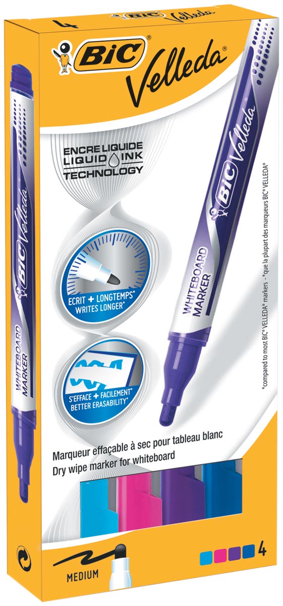 Bic Velleda whiteboardmarker liquid ink fashion kleuren ophangbaar doosje van 4 stuks