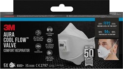 3M Aura Comfort Cool Flow stofmasker, FFP2, met ventiel, pak van 5 stuks