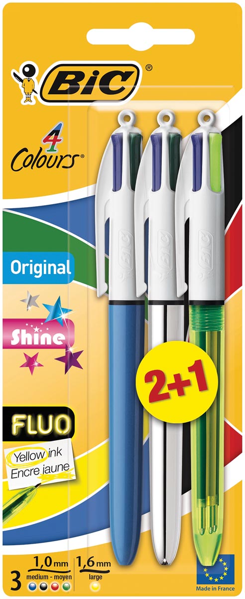 Bic balpen 4 Colours Original + Shine + Fluo, blister 2 + 1 gratis Bic balpen 4 Colours Original + Shine + Fluo, blister 2 + 1 gratis