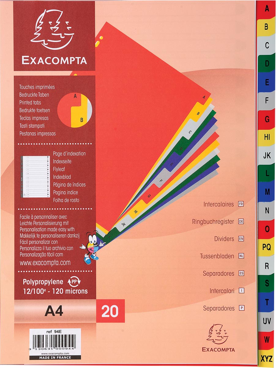 Exacompta tabbladen voor ft A4, uit PP, van A tot Z, 20 tabs, met indexblad, geassorteerde kleuren afbeelding