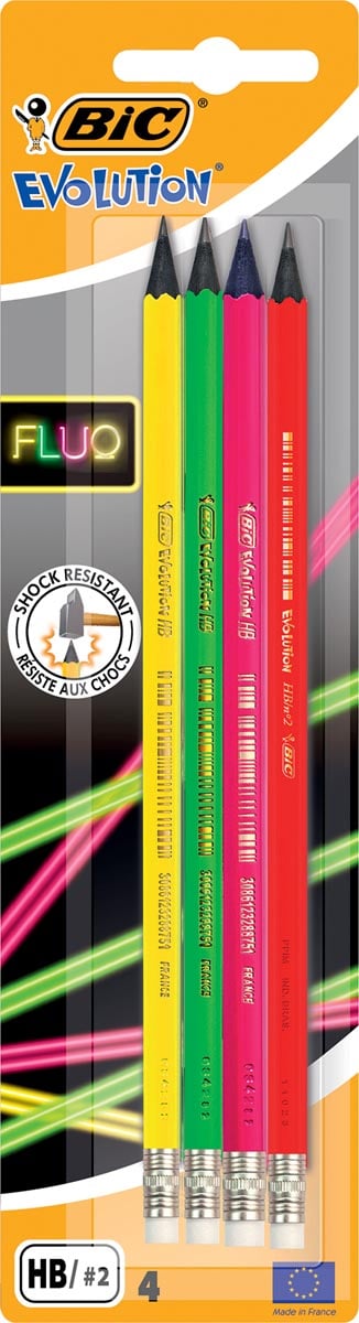 Bic potlood met gum Evolution fluo, blister met 4 stuks