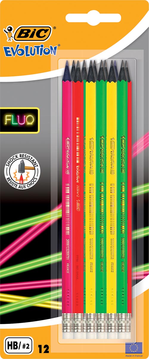 Bic potlood met gum Evolution fluo, blister met 12 stuks