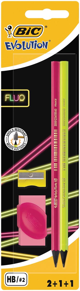 Bic potlood Evolution Fluo, blister met 2 stuks, 1 slijper en 1 gum in geassorteerde kleuren