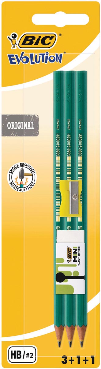Bic potlood Evolution 650, 3 stuks + gum + slijper, op blister