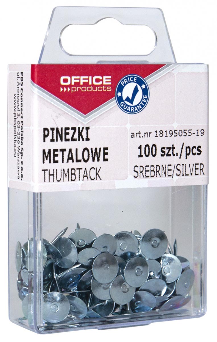Office Products punaises, zilver, plastic ophangdoosje van 100 stuks