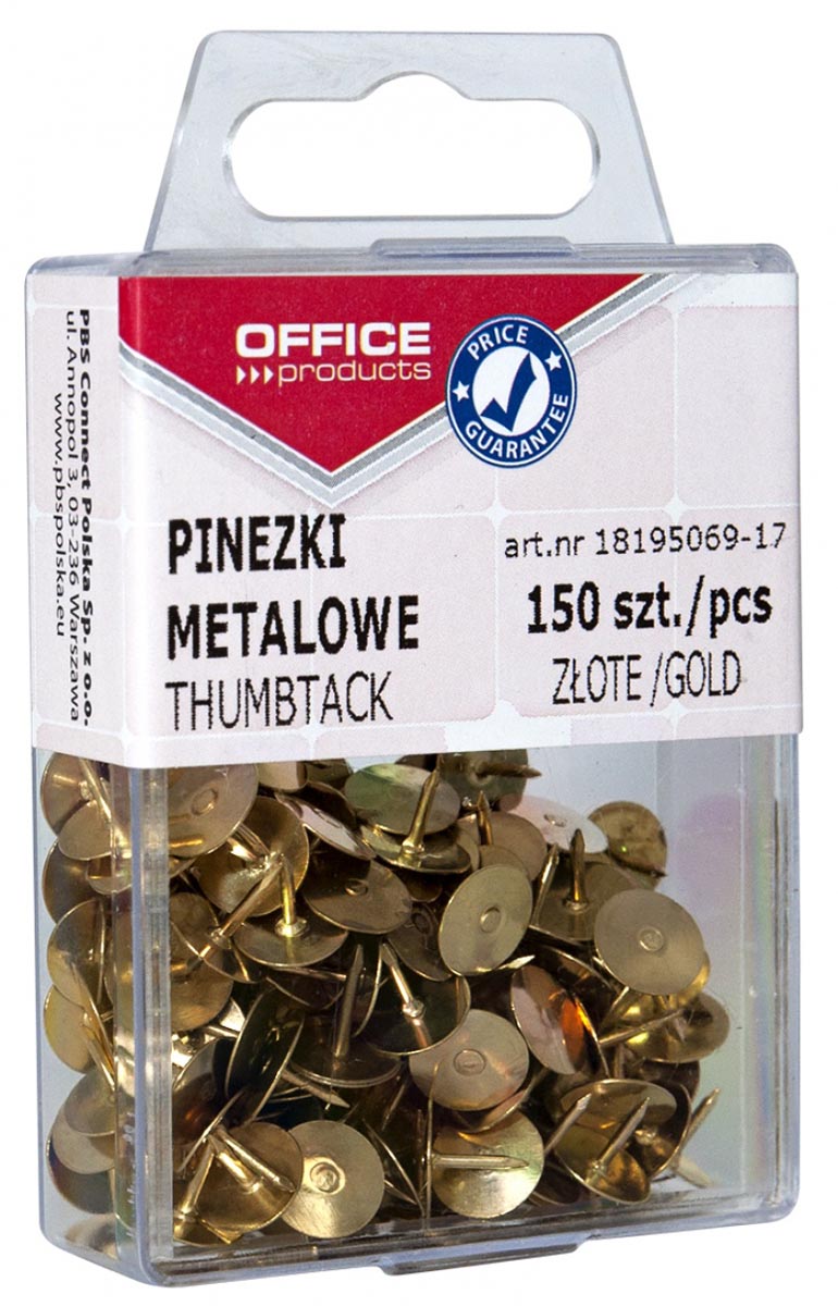 Office Products punaises, goud, plastic ophangdoosje van 150 stuks