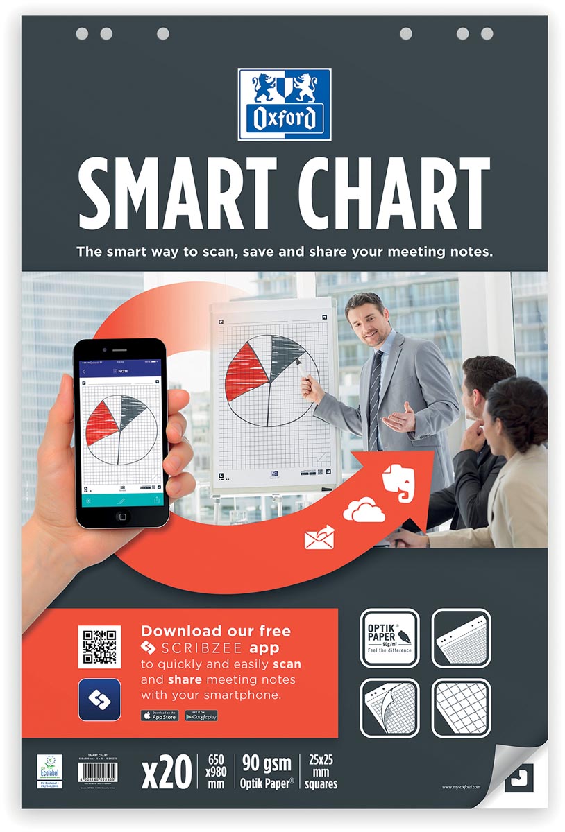 Oxford Smart Chart flipchartblok, ft 65 x 98 cm, pak met 20 vel, geruit