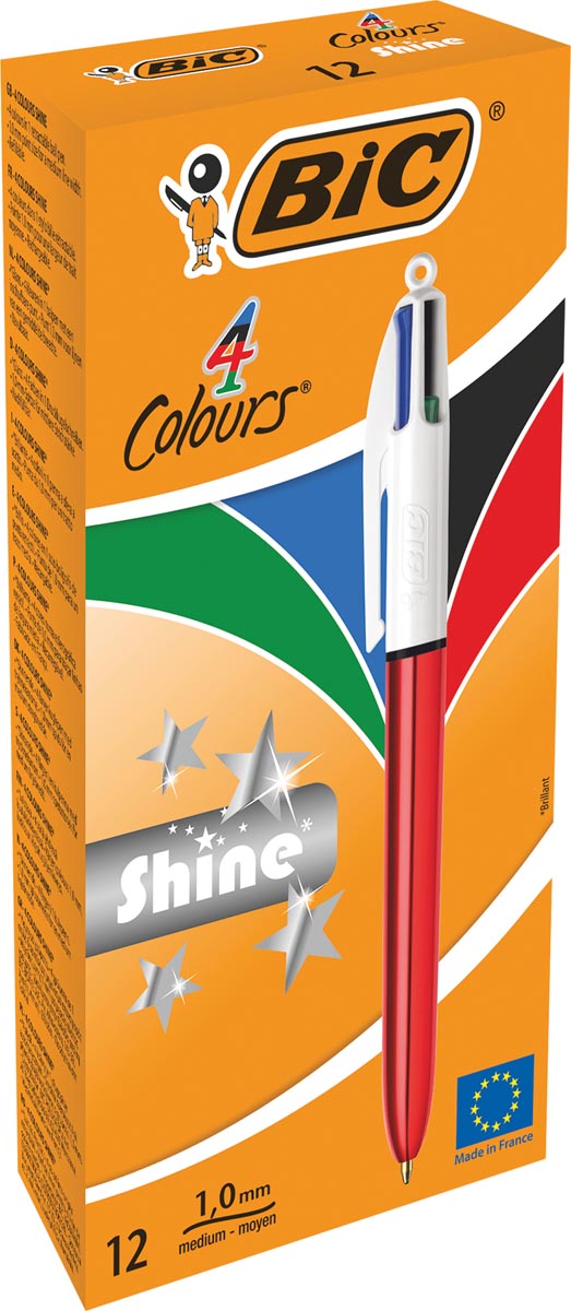 Afbeelding van Bic Colours Shine 4-kleurenbalpen, medium, klassieke inktkleuren, lichaam metallic rood