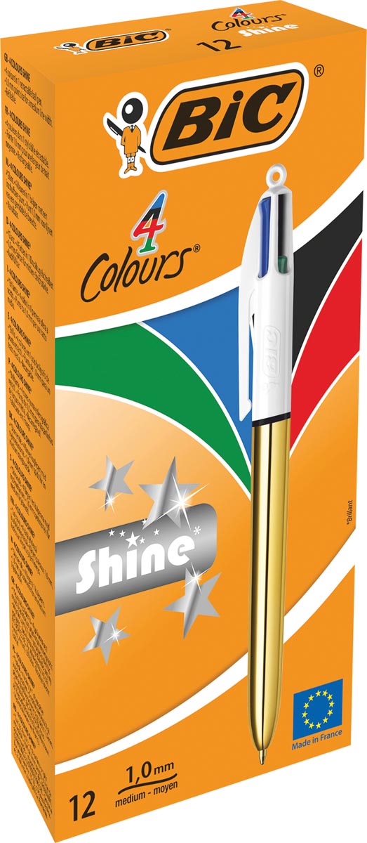 Afbeelding van Bic Colours Shine 4-kleurenbalpen, medium, klassieke inktkleuren, lichaam goud