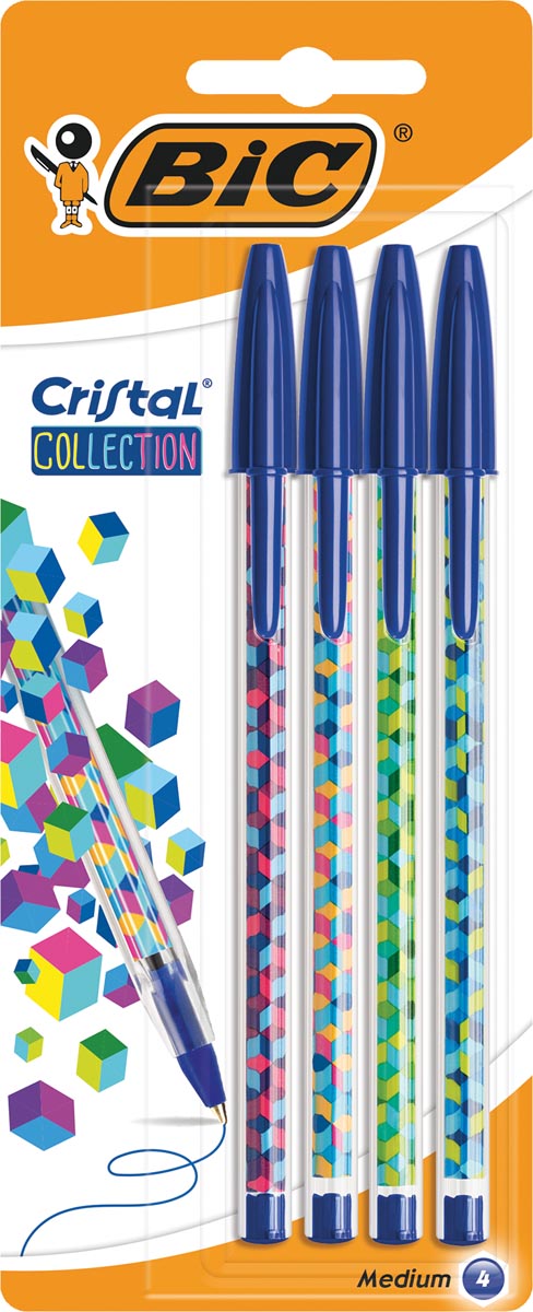 Bic balpen Cristal Collection, blister van 4 stuks, blauw Bic balpen Cristal Collection, blister van 4 stuks, blauw
