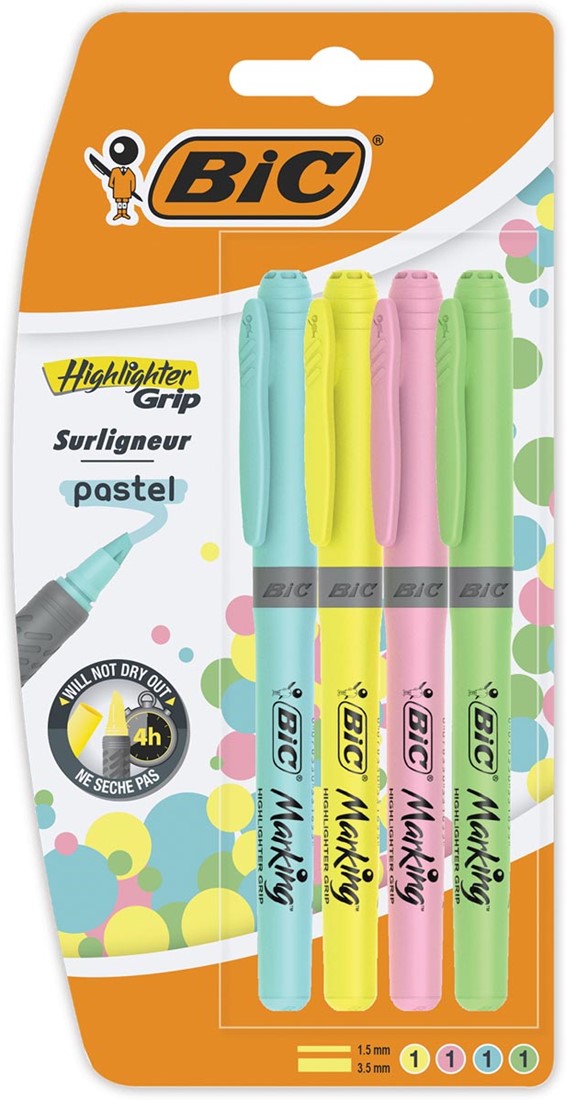 Bic surligneur Highlighter Grip Pastel, blister de 4 pièces en couleurs