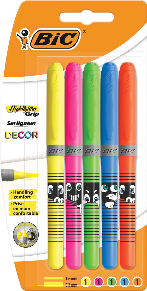 Bic markeerstift Highlighter Grip Décor, blister van 5 stuks in geassorteerde kleuren