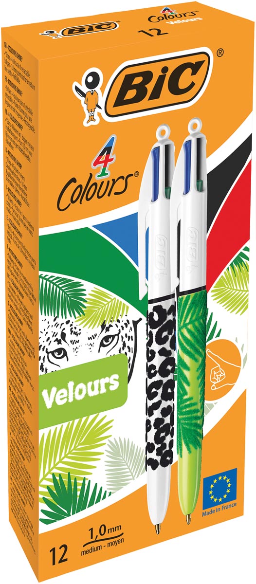 Bic 4 Colours Velours, balpen, 0,32 mm, 4 klassieke inktkleuren, doos van 12 stuks