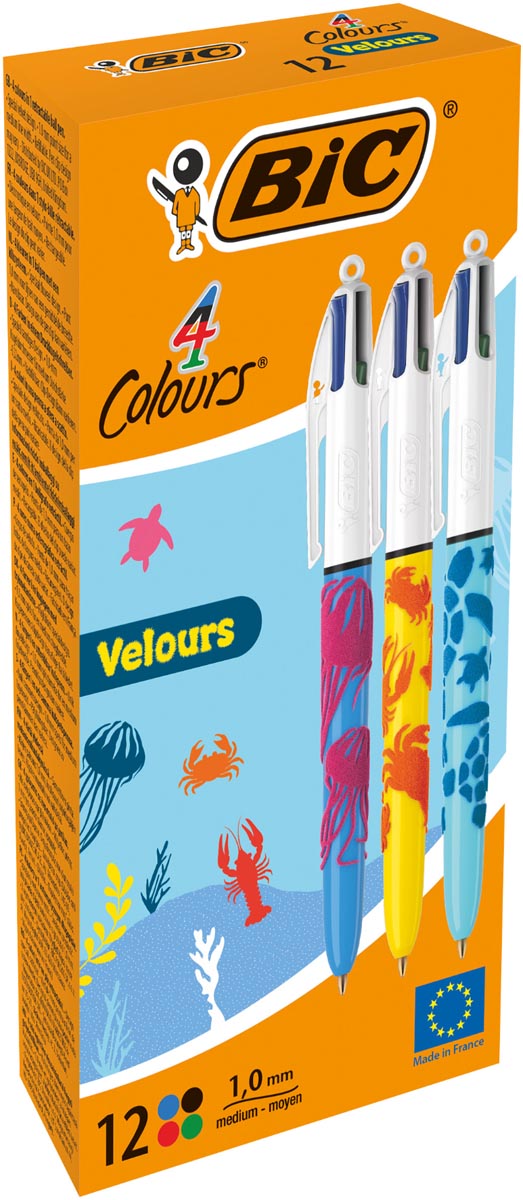 Bic Colours Velours 4-kleurenbalpen, medium, klassieke inktkleuren, doos van 12 stuks afbeelding