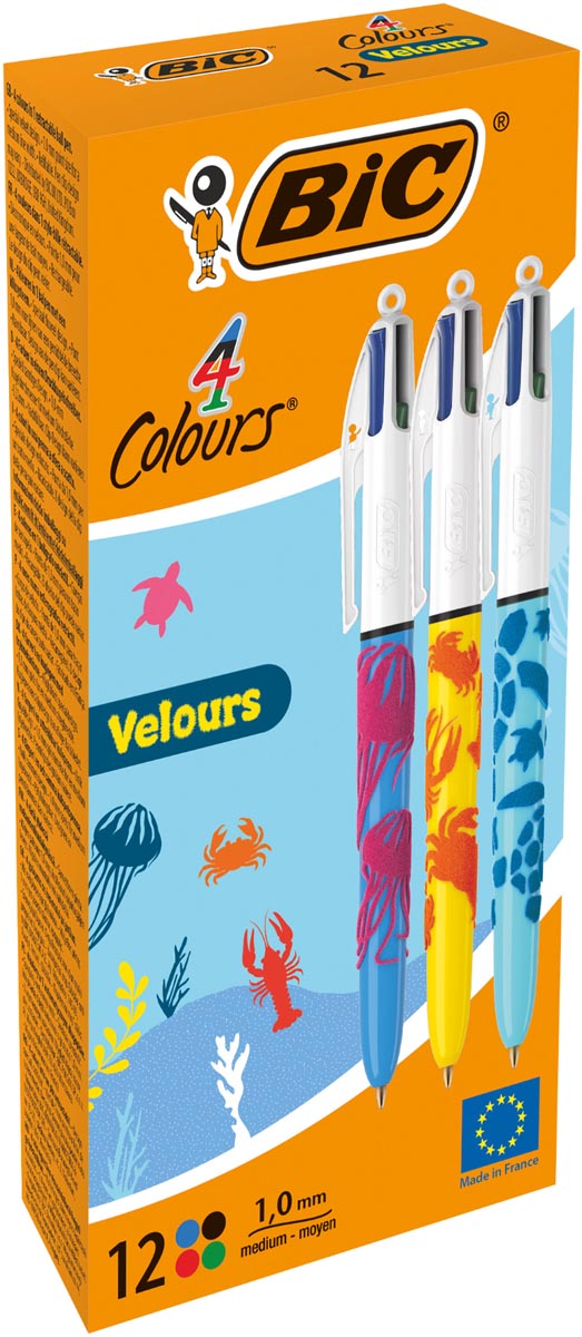 Afbeelding van Bic Colours Velours 4-kleurenbalpen, medium, klassieke inktkleuren, doos van 12 stuks