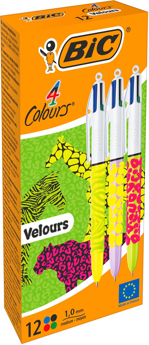 Bic Colours Velours 4-kleurenbalpen, medium, klassieke inktkleuren, doos van 12 stuks