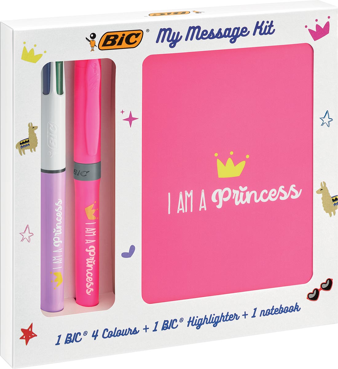 Bic Message Kit Princess, balpen 4 colours, markeerstift highlighter en notitieboekje ft A6 Bic Message Kit Princess, balpen 4 colours, markeerstift highlighter en notitieboekje ft A6
