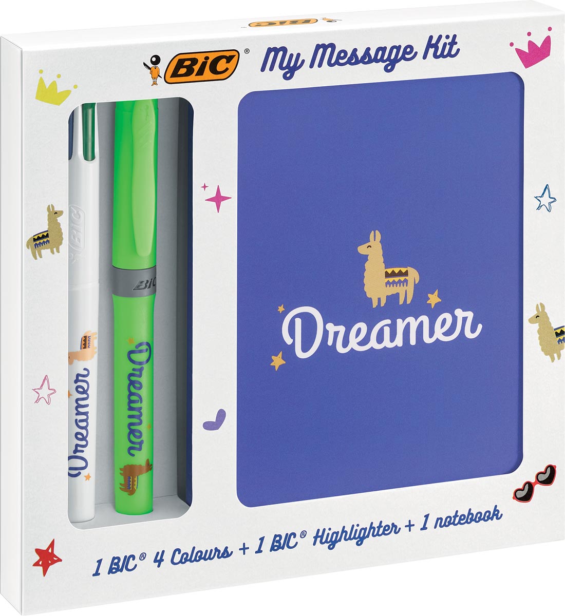 Bic Message Kit Dreamer, balpen 4 colours, markeerstift highlighter en notitieboekje ft A6 Bic Message Kit Dreamer, balpen 4 colours, markeerstift highlighter en notitieboekje ft A6