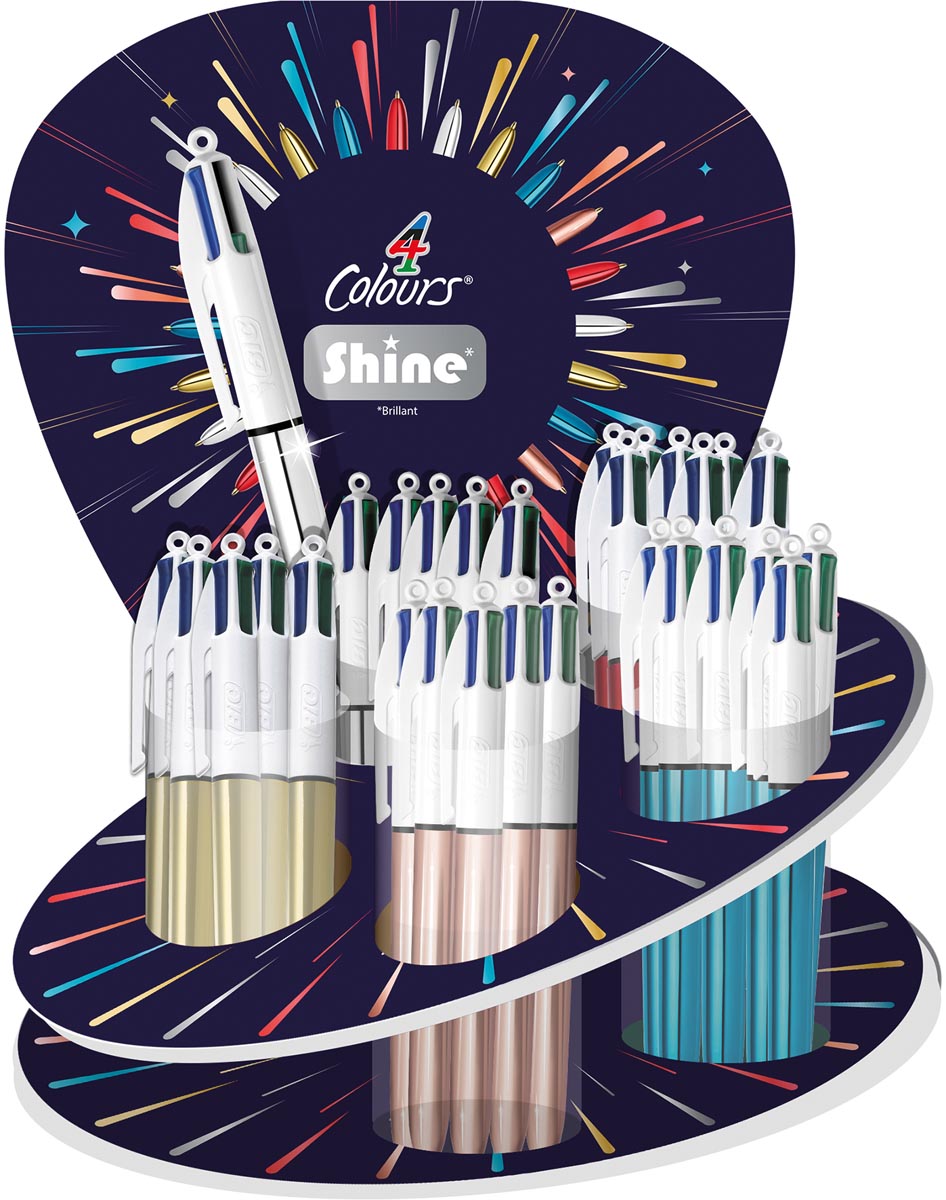 Bic balpen 4 Colours Shine, display met 60 stuks in geassorteerde kleuren