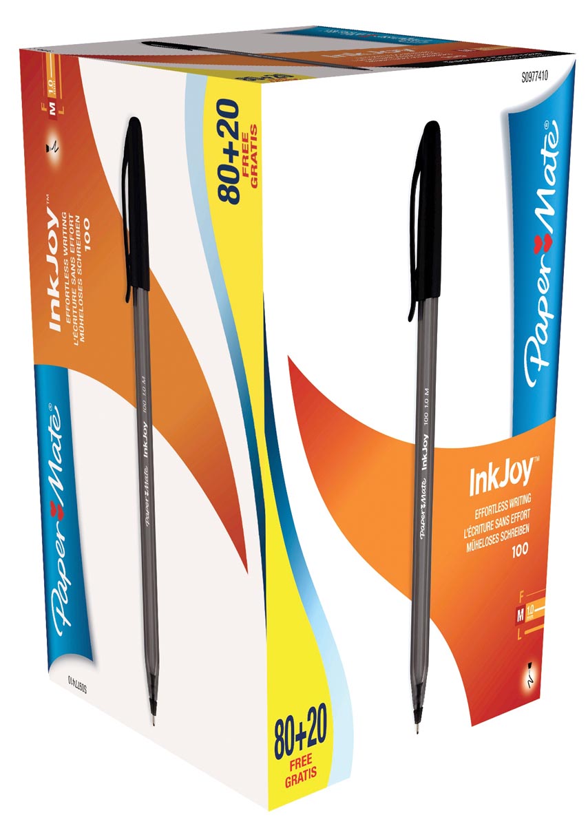 Paper Mate balpen InkJoy 100 met dop, zwart, doos 80 + 20 gratis Paper Mate balpen InkJoy 100 met dop, zwart, doos 80 + 20 gratis