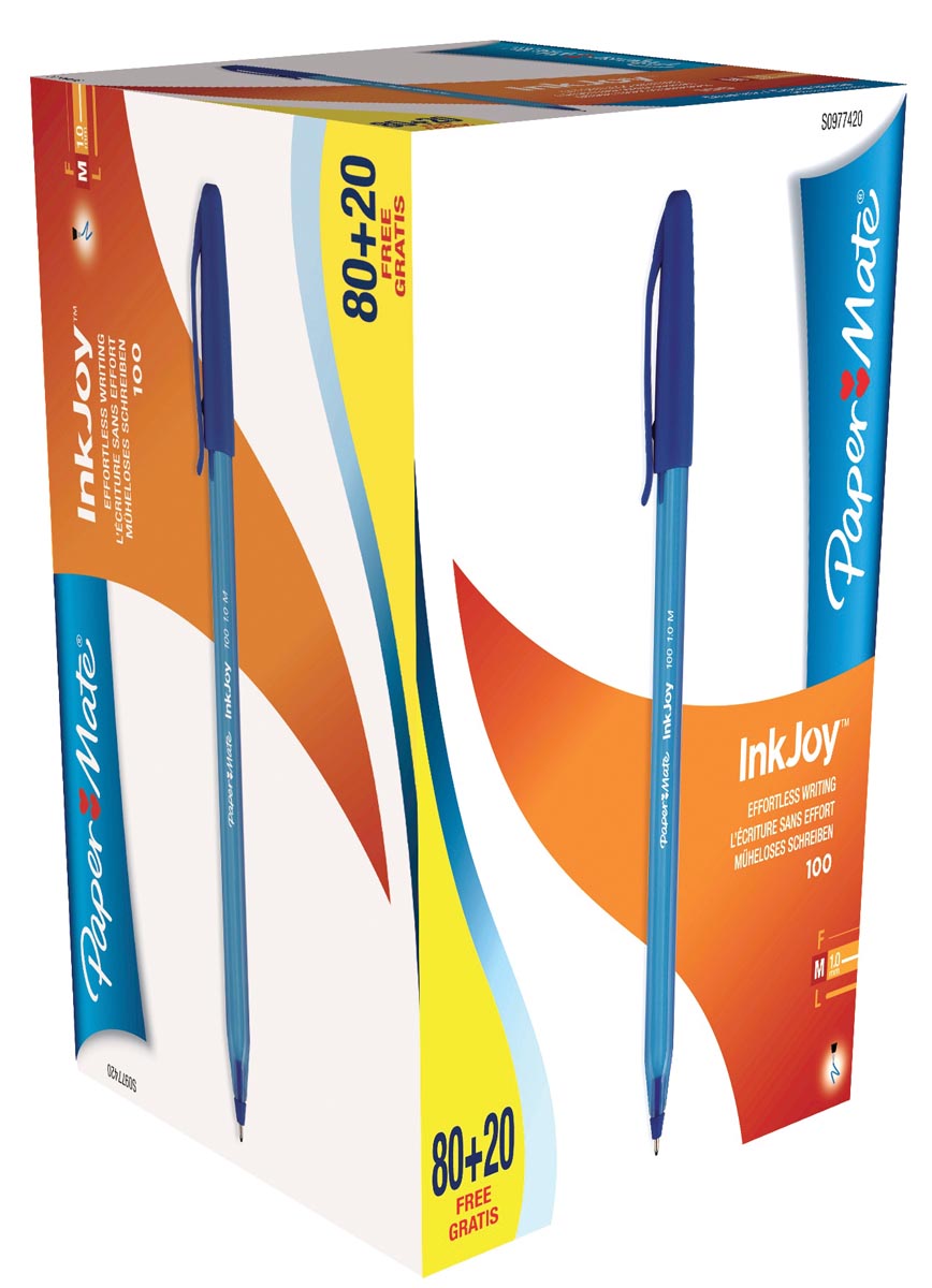 Paper Mate balpen InkJoy 100 met dop, blauw, doos 80 + 20 gratis afbeelding