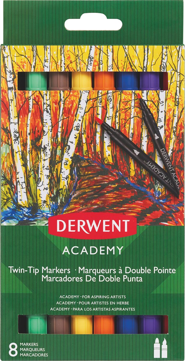 Derwent twin tip viltstiften Academy, normale/brush punt, blister van 8 stuks in geassorteerde kleuren