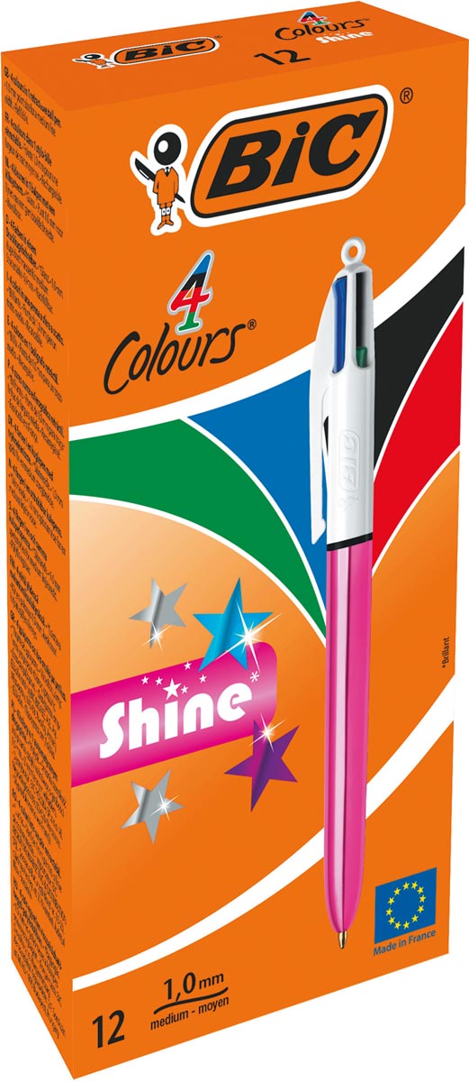 Afbeelding van Bic Colours Shine 4-kleurenbalpen, medium, klassieke inktkleuren, lichaam metallic roze