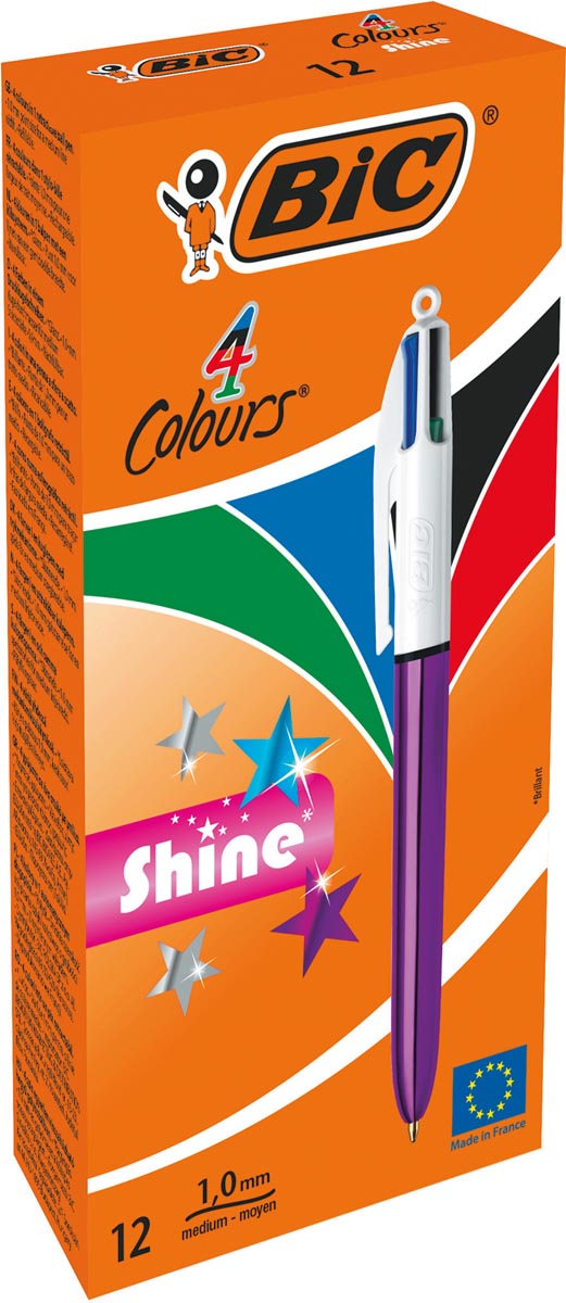 Afbeelding van Bic Colours Shine 4-kleurenbalpen, medium, klassieke inktkleuren, lichaam metallic paars