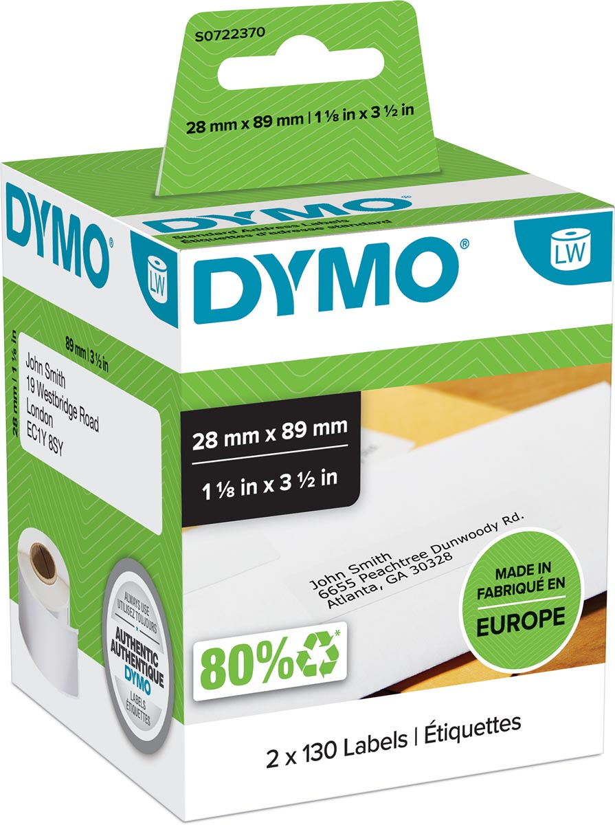 Dymo etiketten LabelWriter ft 89 x 28 mm, wit, 260 etiketten afbeelding