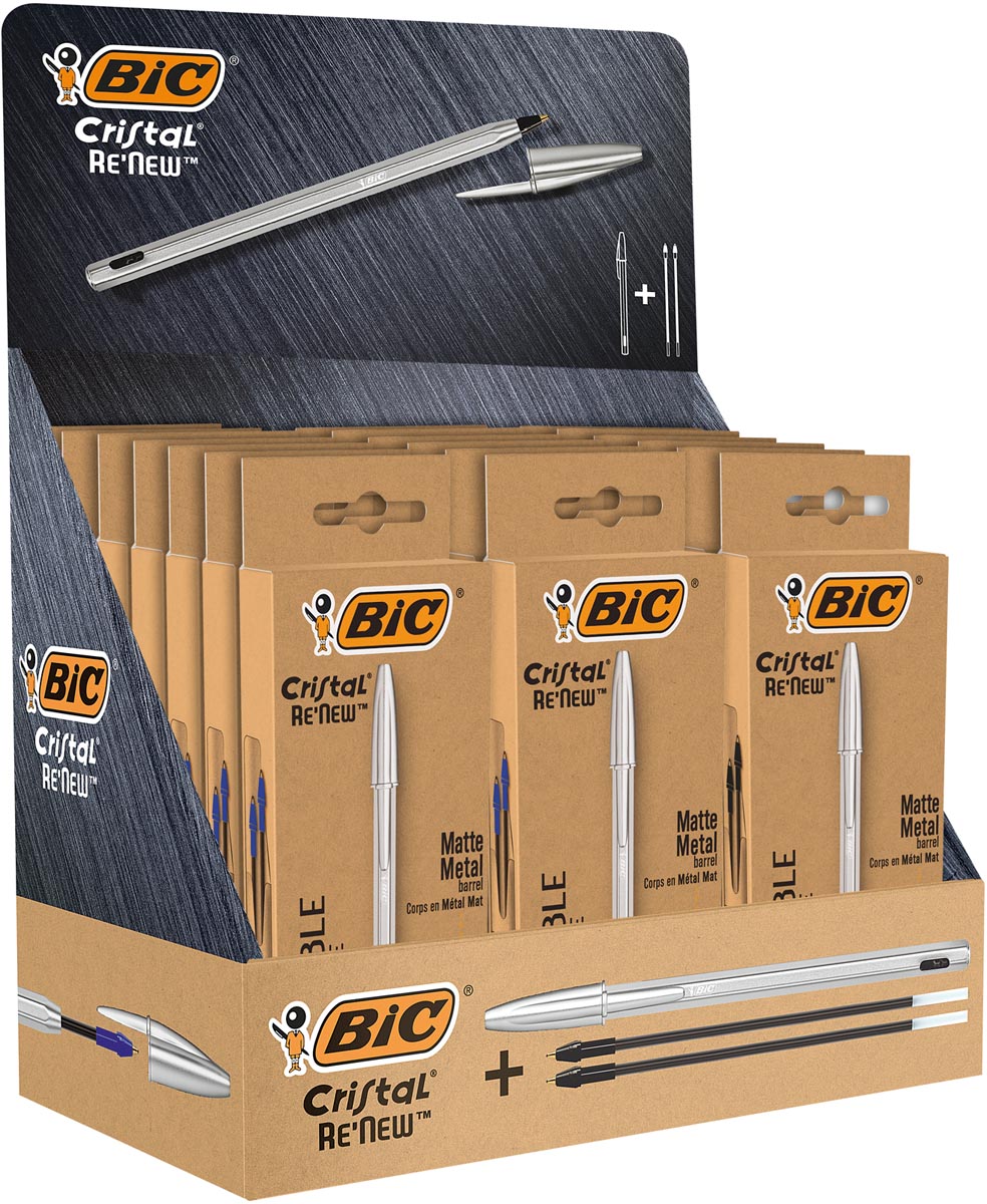 Bic balpen Cristal Re-new, zilveren lichaam, doos met 1 stuk en 2 navullingen, display met 21 stuks