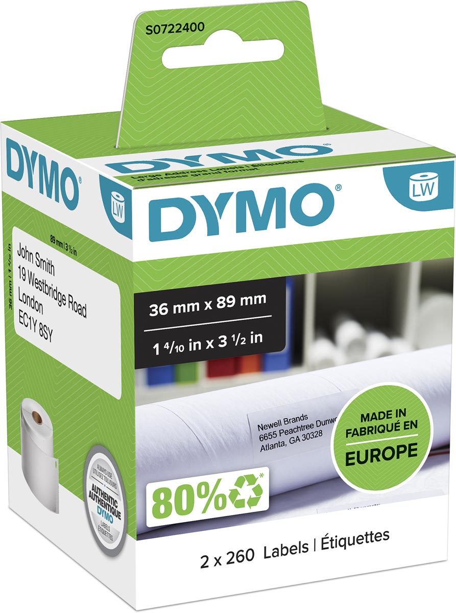 Dymo etiketten LabelWriter ft 89 x 36 mm, wit, 2 x 260 etiketten afbeelding