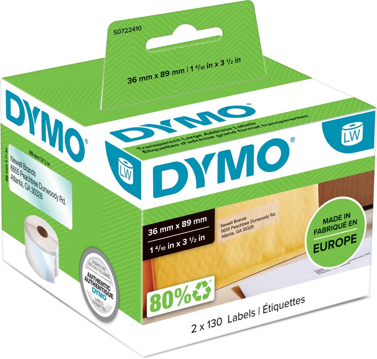 Dymo etiketten LabelWriter ft 89 x 36 mm, transparant, 260 etiketten afbeelding