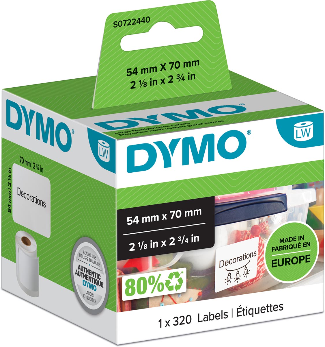 Dymo etiketten LabelWriter ft 70 x 54 mm, wit, 320 etiketten afbeelding
