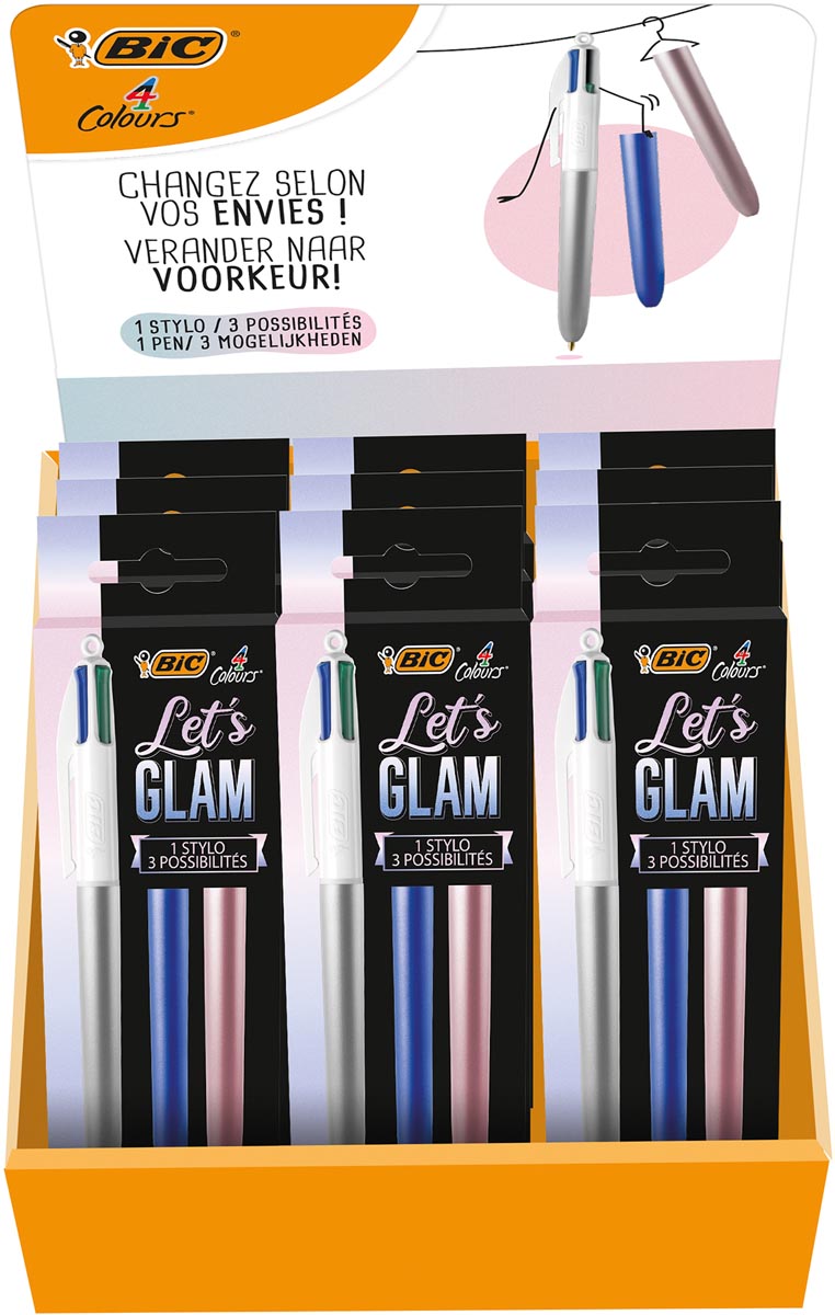 Bic 4 Colours Me Glam, balpen, 0,32 mm, blister van 1 balpen en 2 extra hulzen, display van 20 blist Bic 4 Colours Me Glam, balpen, 0,32 mm, blister van 1 balpen en 2 extra hulzen, display van 20 blist