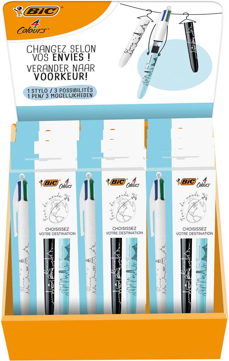 Bic balpen 4 Colours Me Travel, display met 20 stuks in geassorteerde kleuren