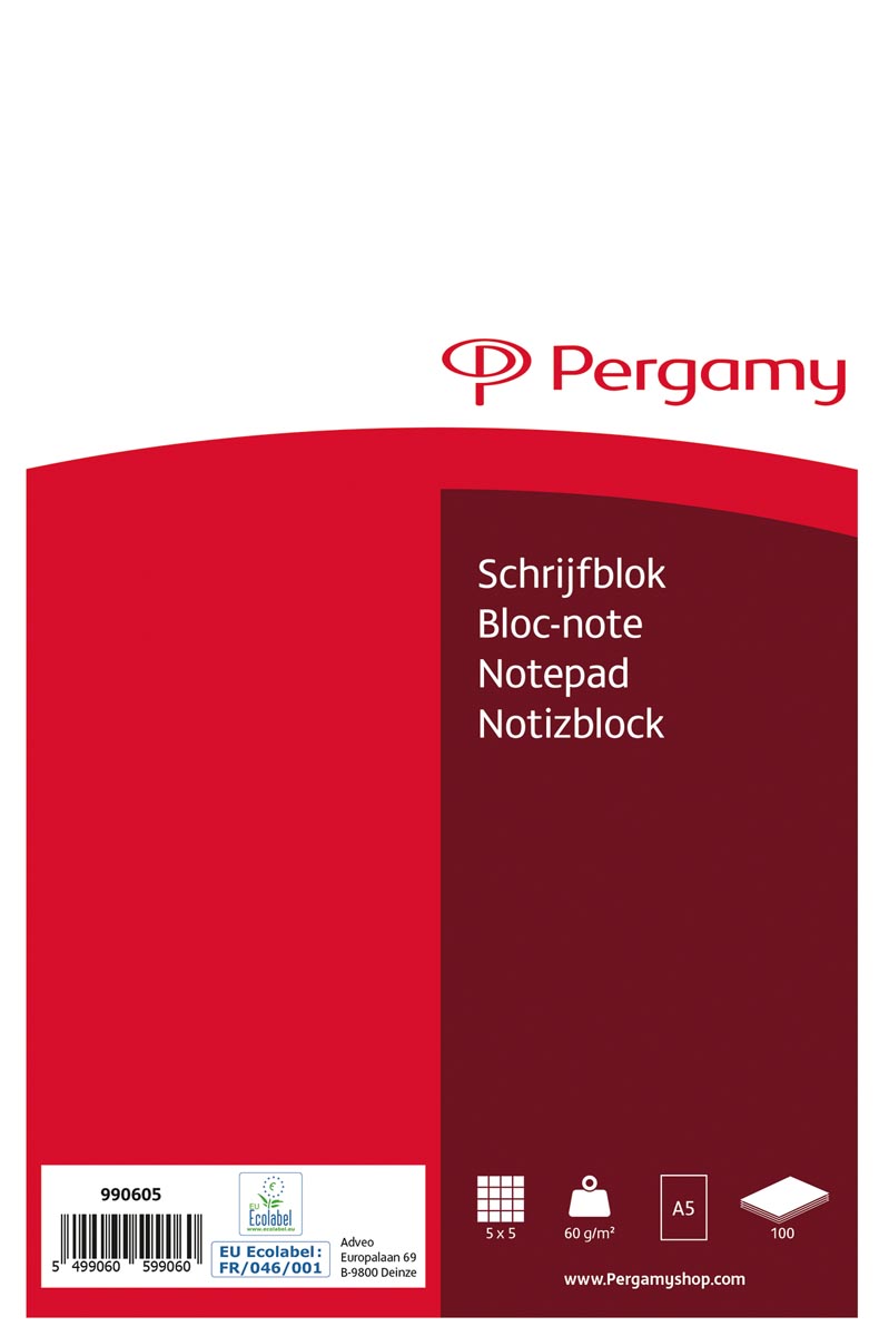 Pergamy schrijfblok, ft A5, geruit 5 mm, 100 vel Pergamy schrijfblok, ft A5, geruit 5 mm, 100 vel