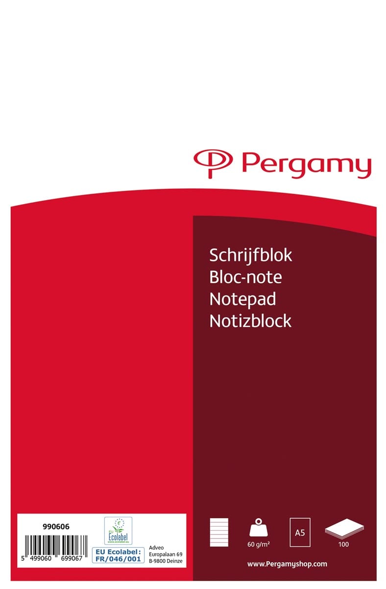 Pergamy schrijfblok, 60 g/m², ft A5, 100 vel, gelijnd