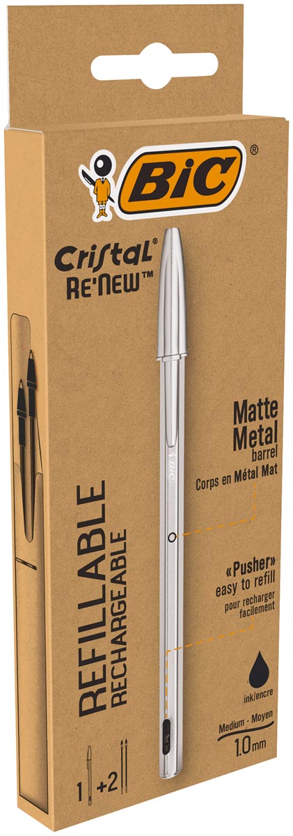 Bic balpen Cristal Re-new, zilveren lichaam, zwarte inkt, doos met 1 stuk en 2 navullingen afbeelding