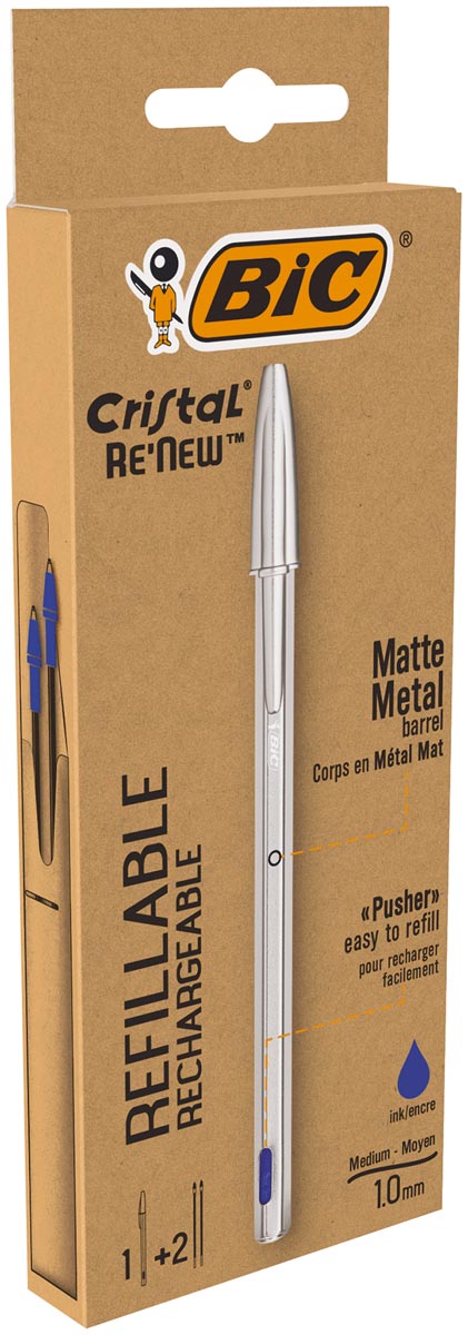 Bic balpen Cristal Re-new, zilveren lichaam, blauwe inkt, doos met 1 stuk en 2 navullingen afbeelding