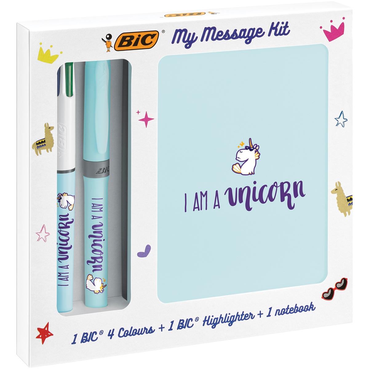 Bic Message Kit Unicorn, balpen 4 colours, markeerstift highlighter en notitieboekje ft A6 Bic Message Kit Unicorn, balpen 4 colours, markeerstift highlighter en notitieboekje ft A6