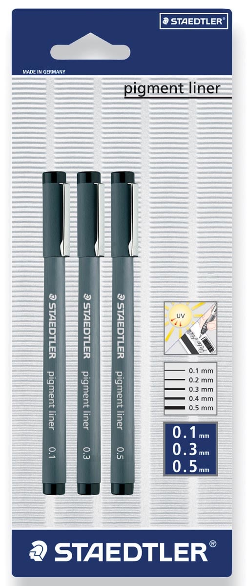 Staedtler fineliner Pigment Liner blister van 3 stuks: 0,1; 0,3 en 0,5 mm Staedtler fineliner Pigment Liner blister van 3 stuks: 0,1; 0,3 en 0,5 mm