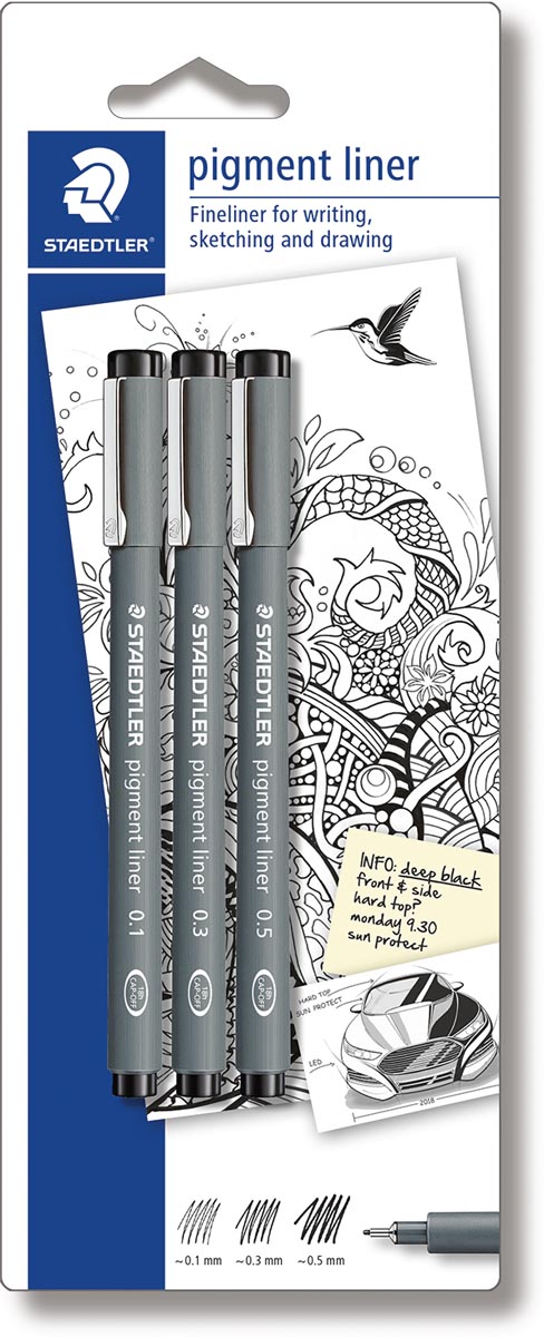 Staedtler fineliner Pigment Liner blister van 3 stuks: 0,1; 0,3 en 0,5 mm afbeelding