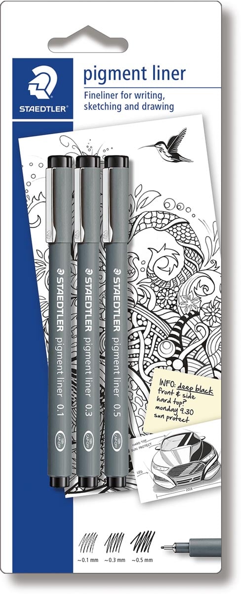 Staedtler fineliner Pigment Liner blister van 3 stuks 0,1 0,3 en 0,5 mm