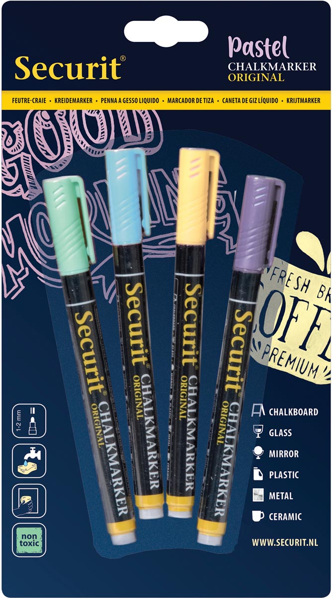 Securit krijtmarker small, blister met 4 stuks in geassorteerde pastelkleuren Securit krijtmarker small, blister met 4 stuks in geassorteerde pastelkleuren